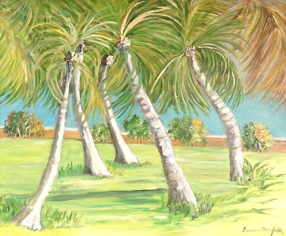 Anne Fitzalan-Howard, Duchess of Norfolk (1927-2013), 'The swaying palms, Tortola', signed, oil on canvas, 44 x 54cm